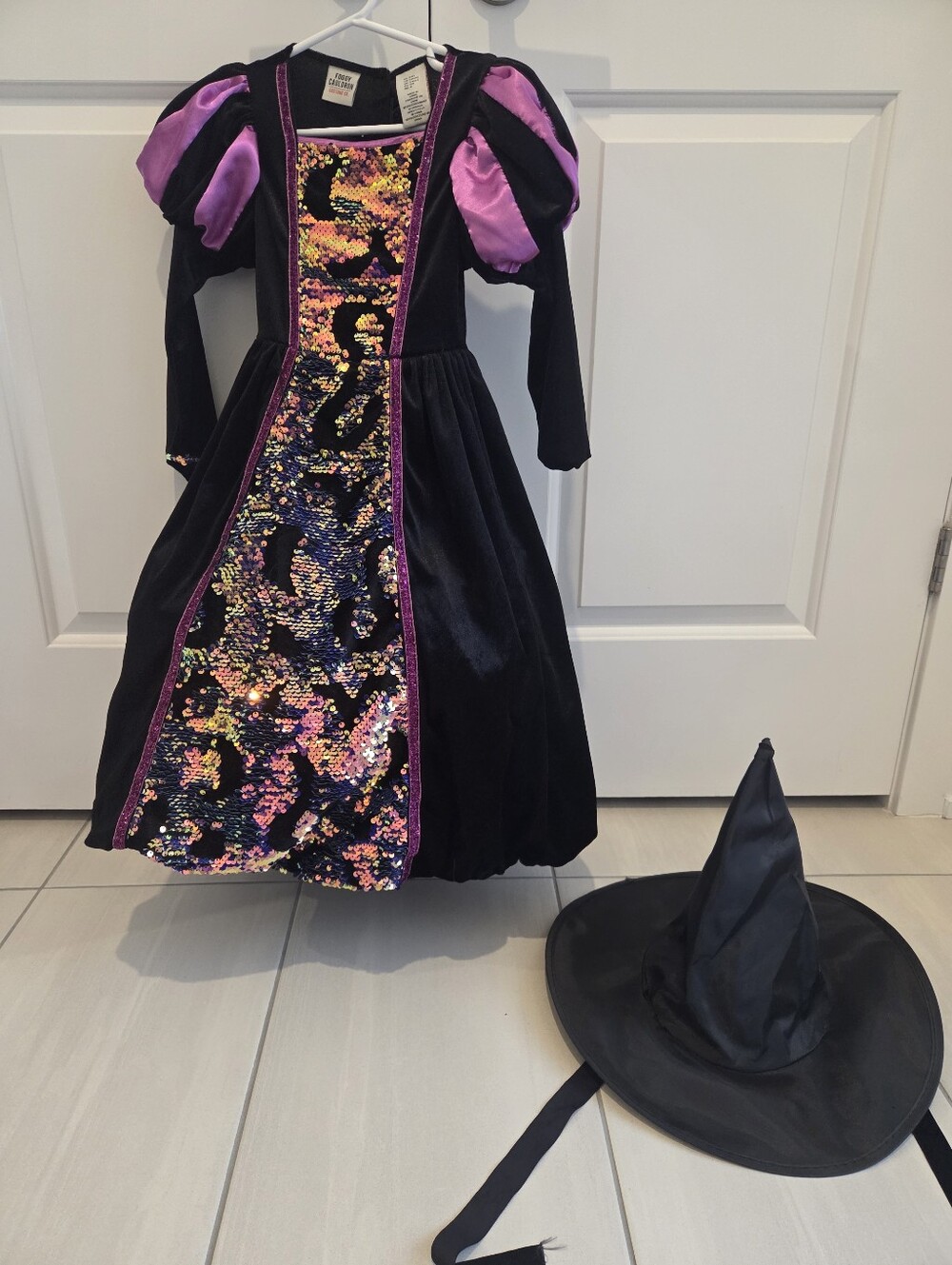 Kids Black and Purple Sequin Witch Costume with Hat - 4-5 T